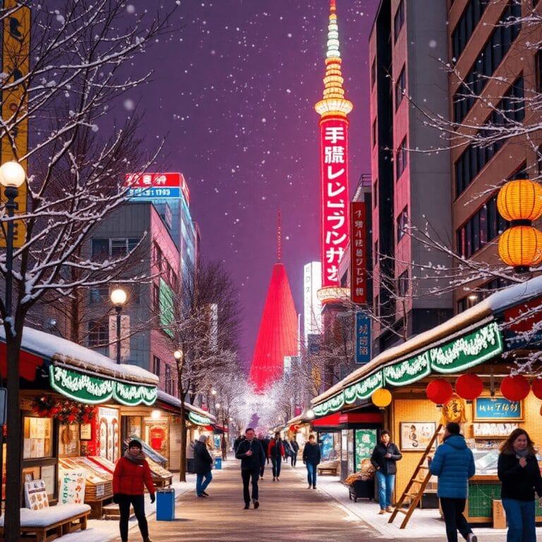 A vibrant winter scene in Tokyo with festive lights, traditional markets, snowflakes, lanterns, and holiday decorations, capturing the essence of D...
